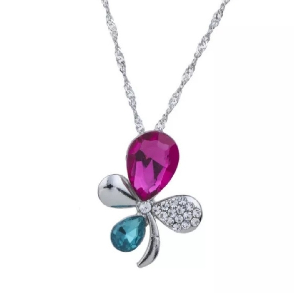 New Silver necklace charm is butterfly shape pink and blue stoned crystals